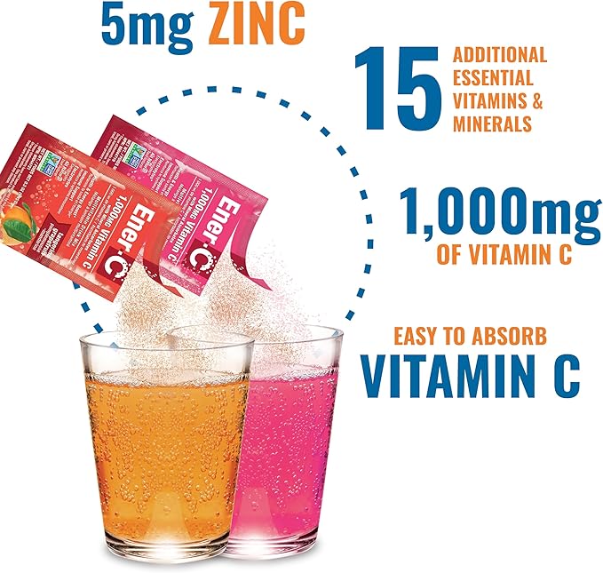 Ener-C Variety Pack Multivitamin Drink Mix Powder Vitamin C 1000mg & Electrolytes with Real Fruit Juice Natural Energy & Immune Support for Women & Men - Non-GMO Vegan & Gluten Free - 60 Count