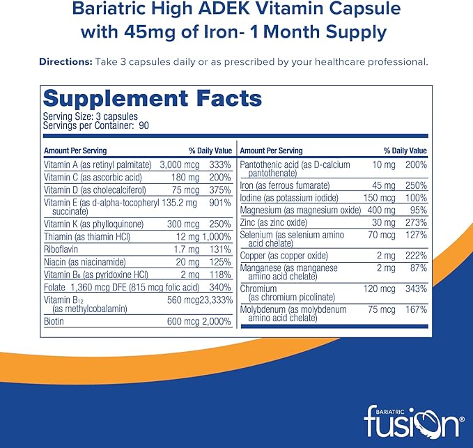 Bariatric Fusion High ADEK Multivitamin with Iron | Bariatric Multivitamin for Duodenal Switch | Easy to Swallow ADEK Vitamins Bariatric | 90 Capsules | One Month Supply