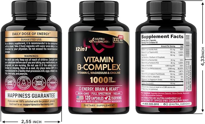 Vitamin B Complex for Men & Women - Made in USA - B-Complex: B1, B2, B3, B5, B6, B7, B8, B9, B12 with Vitamin C, Choline, Inositol - Energy, Brain & Heart Support Supplement, 120 Vegan Capsules