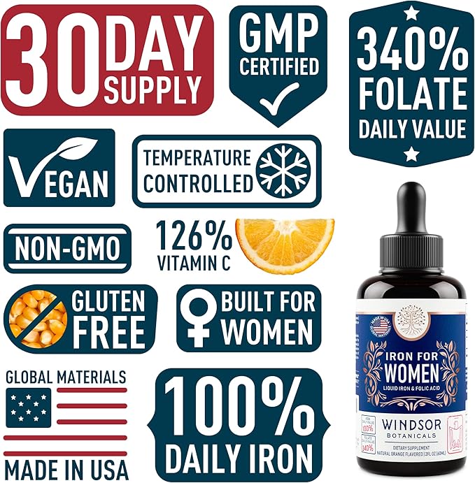 WINDSOR BOTANICALS Liquid Iron Supplements for Anemia - Folic Acid, Vitamin C, Vegan Iron Blood Builder and Anemia Supplement - 2 oz Orange Flavor Gentle Iron Drops for Women