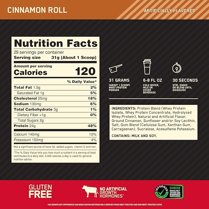 Optimum Nutrition New Flavor Gold Standard 100% Whey Protein Powder, Cinnamon Roll, 2 Pound (Pack of 1) (Packaging May Vary)