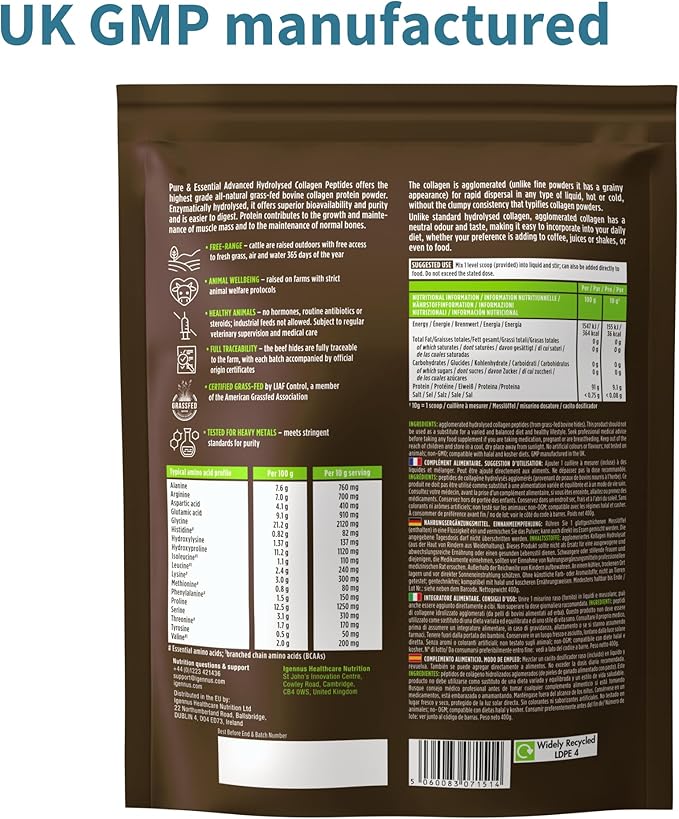 100% Grass Fed Bovine Collagen Protein Powder, Advanced Hydrolyzed Collagen Peptides, Collagen Types 1, 2 & 3, Non-GMO, Free Range, Gluten & Dairy Free, Easy Mix, 40 Servings, Pure & Essential