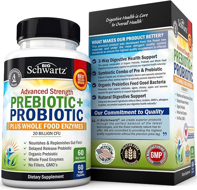 Prebiotics and Probiotic with Whole Food Enzymes for Adults Women & Men - Probiotics Lactobacillus Acidophilus - Digestive Health Capsules Shelf Stable Supplement - Non-GMO Gluten & Dairy Free -60ct