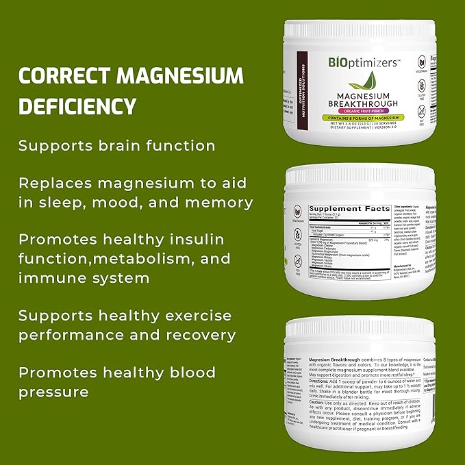 BiOptimizers Magnesium Breakthrough Drink Fruit Punch - 8 Forms of Magnesium: Glycinate, Malate, Citrate, and More - Natural Sleep and Brain Supplement – 5.4 oz (30 Servings)