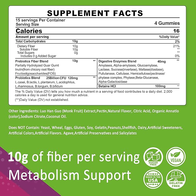 Fiber Gummies for Adults, Sugar Free 10g Prebiotic Fiber Supplement with Digestive Enzymes, Probiotics & 100mg Betaine for Digestive & Gut Health and Regulate Bowel Movement, Vegan, Gelatin Free, 60ct