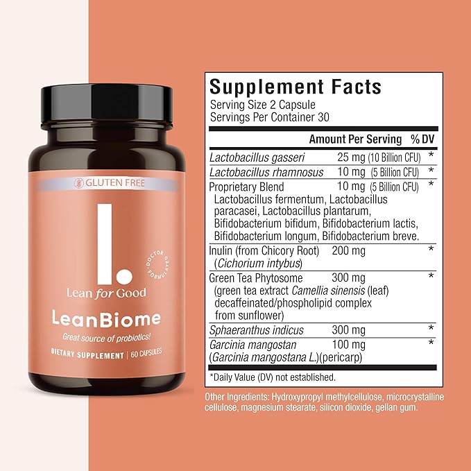 LeanBiome, 9-Strain Probiotic Formula, Supports a Balanced Gut Microbiome, Powerful Gut Probiotics with Greenselect Phytosome - 60 Capsules, 6 Pack