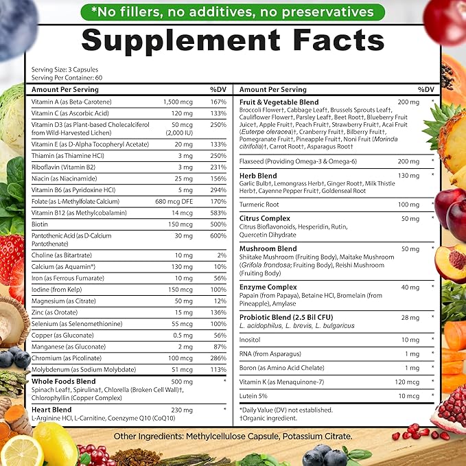 Vegan Whole Food Multivitamin with Iron, Daily Multivitamin for Women and Men, Made with Fruits & Vegetables, B-Complex, Probiotics, Enzymes, CoQ10, Omegas, Turmeric, Non-GMO, 180 Count