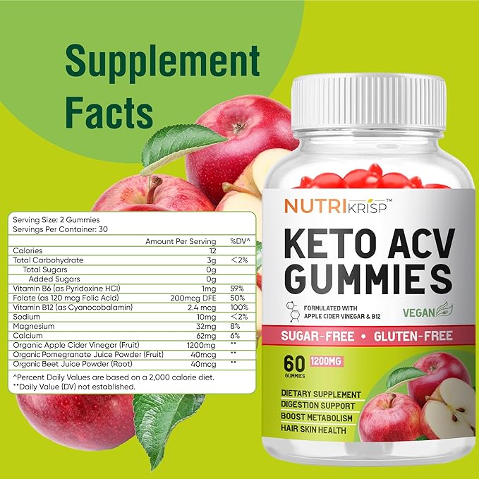 Organic Keto ACV Gummy for Weight Loss - Sugar & Gluten Free Apple Cider Vinegar Diet Supplement for Fat Burn - Support Digestion Metabolism Hair Skin for Men Women (1200MG)