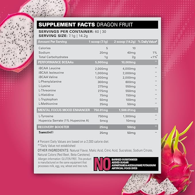 EHP Labs Beyond BCAA Powder Amino Acids Post Workout Recovery - BCAAs Essential Amino Acids EAA Supplements Powder - 10g Amino Acids Supplement for Muscle Recovery, 60 Servings (Dragon Fruit)