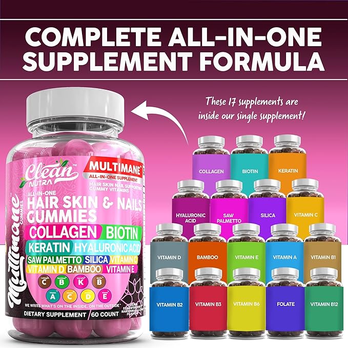 Biotin Collagen Keratin Gummies | Hair Skin and Nails Vitamins for Women | Hyaluronic Acid Bamboo Vitamin A C D3 E Folate With Saw Palmetto Silica B3 B12 Vegan Gummy By Clean Nutra