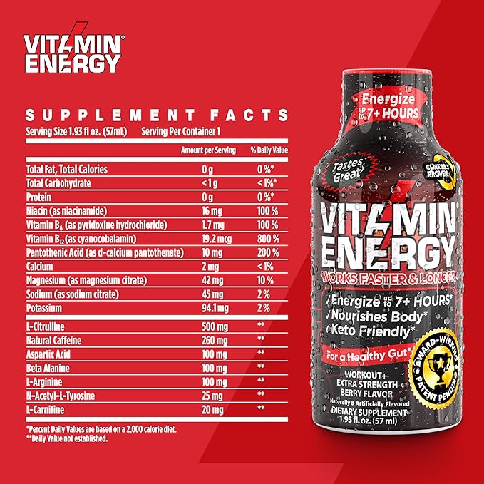 Pre Workout Vitamin Energy Drink - Keto Friendly Sugar Free Shots | Natural Clean Green Tea Caffeine with Proprietary Endurance Blend | Energize up to 7+ Hours - Berry - 1.93 Fl Oz (Pack of 12)