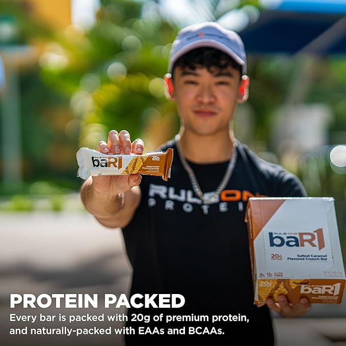 Rule 1 baR1 Crunch Bar - On-The-Go Convenient Protein Snack Bars with 20g Premium Protein, Naturally-Packed with EAAs/BCAAs, Hunger-Filling Fiber (12 Count Box, Fudge Brownie)