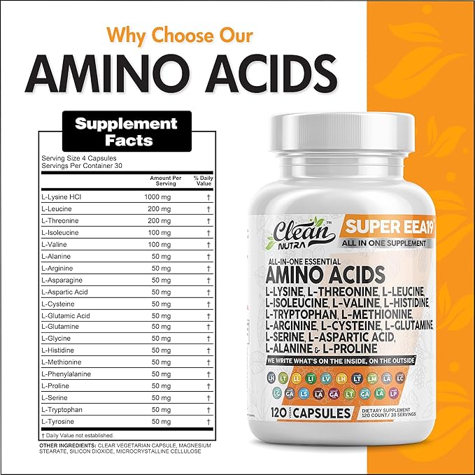 Amino Acids Supplement L-Lysine, L-Threonine, L-Leucine, Isoleucine, Valine, L-Histidine, L-Tryptophan, L-Methionine, L-Arginine, L-Cysteine, L-Glutamine, L-Serine, Aspartic Acid, Alanine, L-Proline