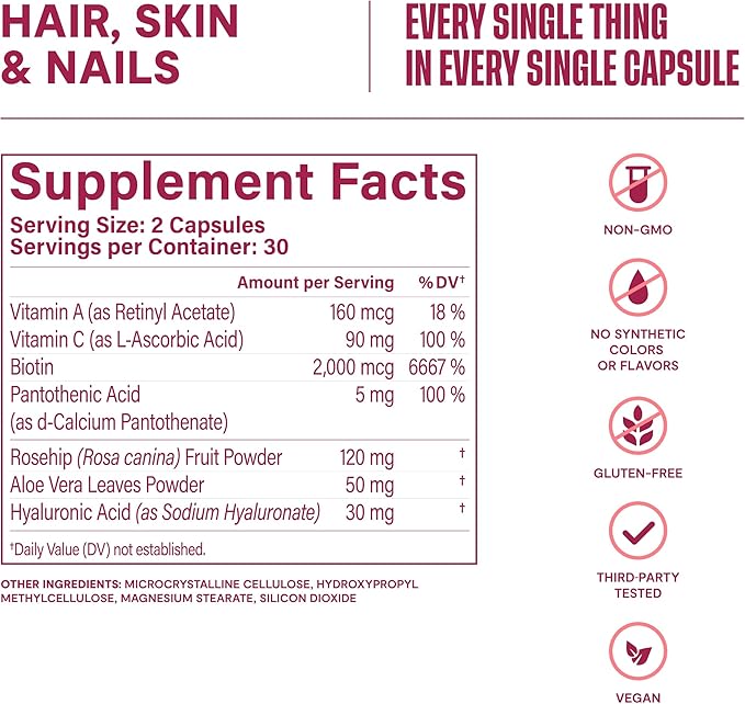 Habit Hair, Skin & Nails Supplement 2 Pack (120 Capsules) - New Look, Supports Skin Hydration, Hair & Nail Strength, Biotin 2000mcg, Vitamin A & C, Hyaluronic Acid, Rosehip, Vegan, Non-GMO