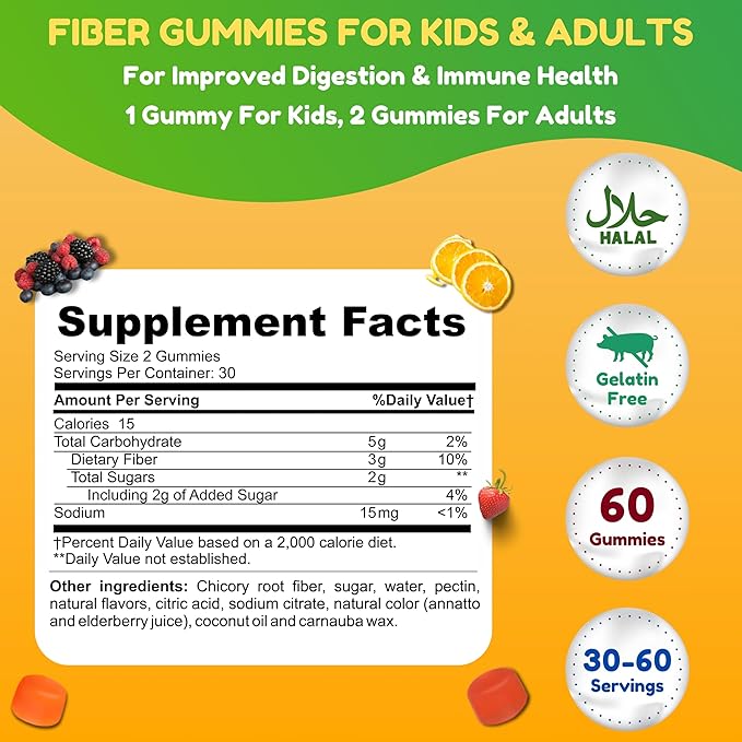 Halal & Gluten Free Fiber Gummies for Kids & Adults | 3g, 30-60 Servings | 60 Gummies | Improves Digestive Health, Immunity & Gut Health | Vegan Prebiotic | Non-GMO, Gelatin-Free
