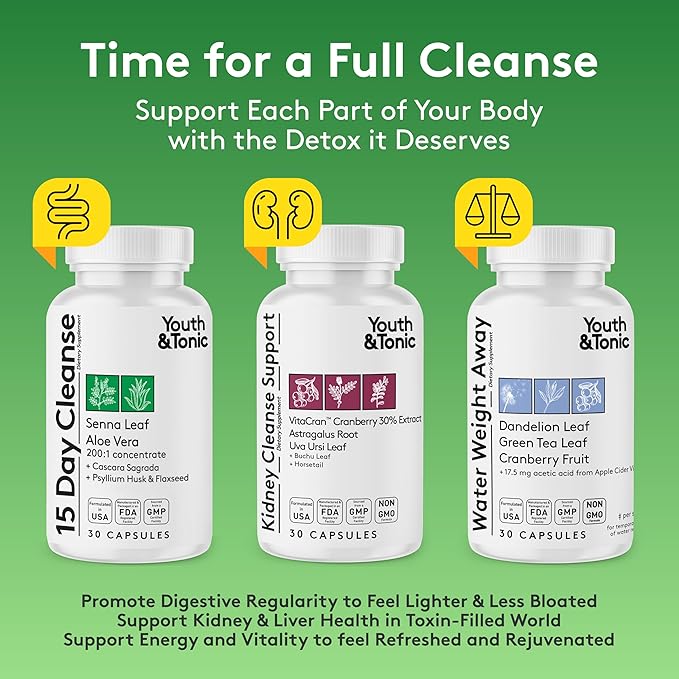 Youth & Tonic Diuretic Full Body Cleanse Detox Pills for Bloating, Puffiness and Swelling, System Flush for Colon, Kidney and Liver Detoxing, 30 Day Supply with Green Tea, Senna, Dandelion, Cranberry