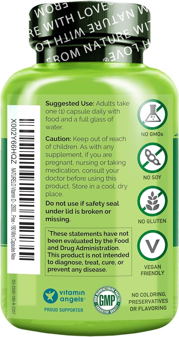 NATURELO Vitamin D - 2500 IU - Plant Based from Lichen - Natural D3 Supplement for Immune System, Bone Support, Joint Health - Vegan - Non-GMO - Gluten Free - 180 Mini Capsules
