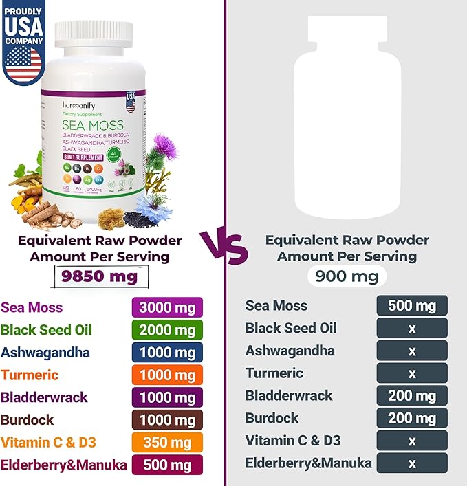 Sea Moss Black Seed Oil Ashwagandha Turmeric Bladderwrack & Burdock with Vitamin C & D3, Sambucus Elderberry, Apple Cider Vinegar and Dandelion Extract, 8 in 1 Supplement, 1400 mg