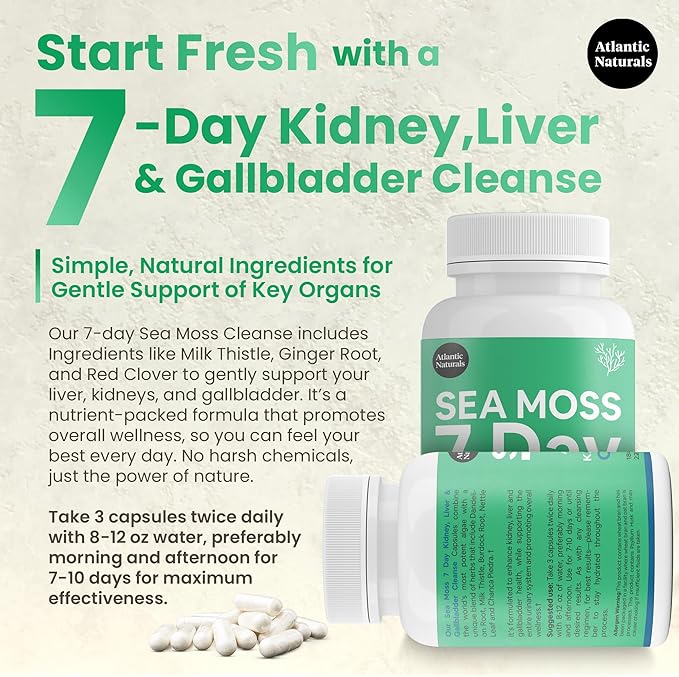 Atlantic Naturals Sea Moss 7 Day Detox Liver, Gallbladder & Kidney Cleanse Capsules- Support with Dandelion Root, Milk Thistle, Burdock Root, Red Clover, Chanca Piedra - 180 Sea Moss Capsules
