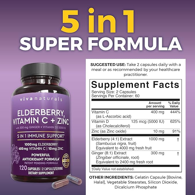 Viva Naturals Elderberry with Vitamin C and Zinc for Adults - 5 in 1 Sambucus Black Elderberry Capsules with Vitamin D3 5000 IU Immunity Supplement, Sambucus Elderberry Immune Support Supplement