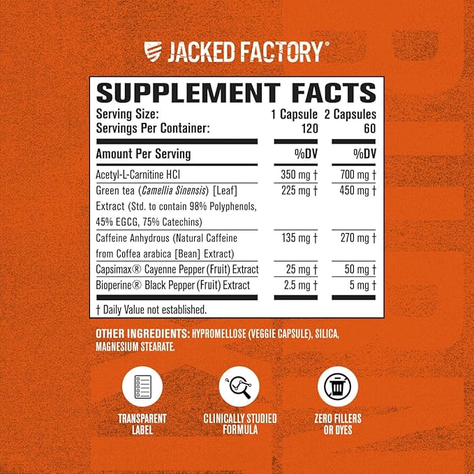 Jacked Factory Burn-XT Clinically Studied Fat Burner & Weight Loss Supplement - Appetite Suppressant & Energy Booster - with Acetyl L-Carnitine, Green Tea Extract and More - 120 Natural Diet Pills