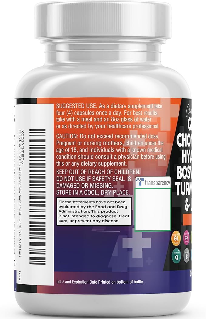 Clean Nutraceuticals Glucosamine Chondroitin MSM Turmeric Hyaluronic Acid Boswellia Collagen Tart Cherry - Joint Support Supplement Omega 3 Pills Ginger Quercetin Capsules - 120 Count USA