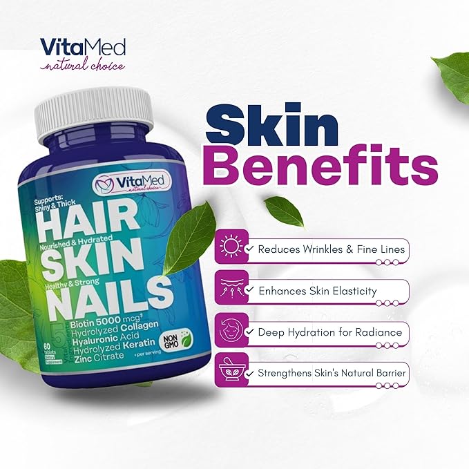 Hair Skin and Nails Vitamins - Collagen Pills for Hair Growth, Biotin 5000mcg to Strengthen Nails and Glowing Skin, Hyaluronic Acid, Vitamin C, E, B6, Keratin Hair Treatment (60)