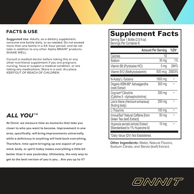 ONNIT Alpha Brain Focus Energy Shot Supplement - Energy, Focus, Mood, Stress, Brain Booster Drink - Peach (2.5 fl oz, 6 ct)