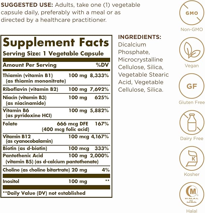 Solgar B-Complex "100" - 100 Vegetable Capsules, Pack of 2 - Energy Metabolism, Cardiovascular Health, Nervous System Support - Non-GMO, Vegan, Gluten Free - 200 Total Servings