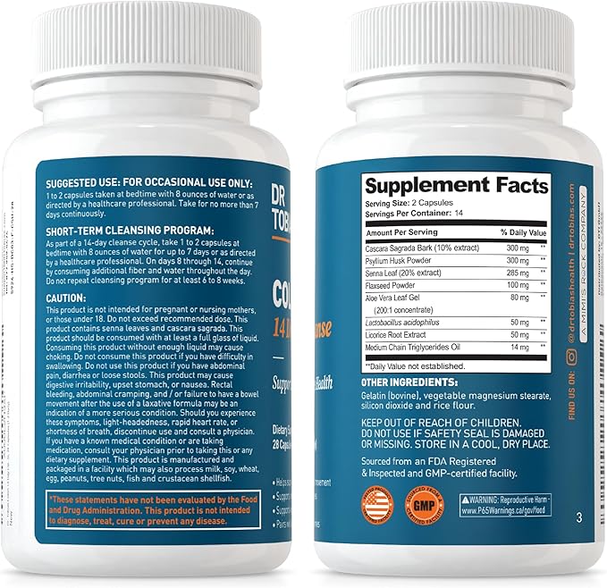 Dr. Tobias Colon 14 Day Cleanse, Advanced Gut Cleanse Detox for Women & Men with Cascara Sagrada, Psyllium Husk, Senna Leaf & Probiotics, Non-GMO Colon Cleanse, 4 Bottles of 28 Capsules (1-2 Daily)