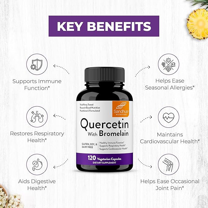 Sandhu's Quercetin with Bromelain 1000mg Per Serving 120 Count (Pack of 2) Vegetarian Capsules Bioflavonoids Supplement Complex Supports Immune, Cardiovascular & Respiratory Health