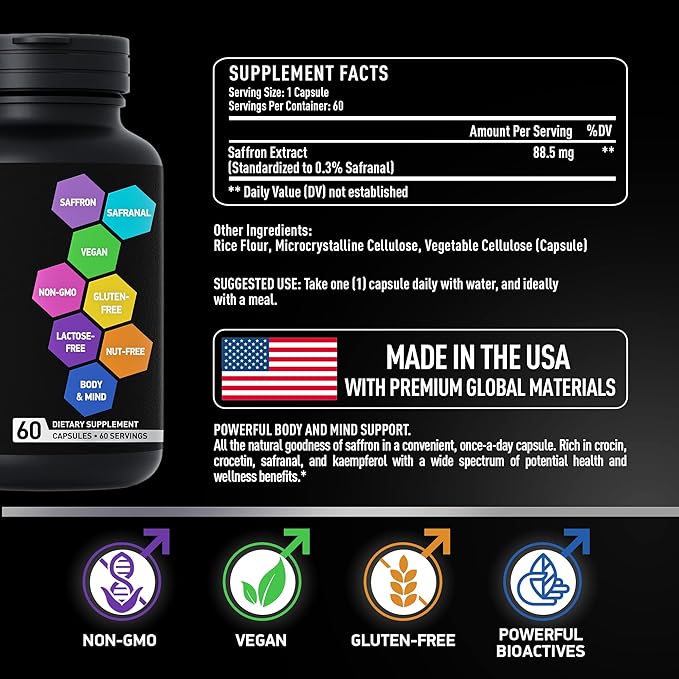 Optimized Saffron Supplements - 88.5mg Pure Saffron Extract for Mood Support, Focus, Energy - Happy Saffron Plus Crocin, Crocetin, Kaempferol - Gluten-Free, Non-GMO - 1-a-Day 60 Vegan Saffron Capsules
