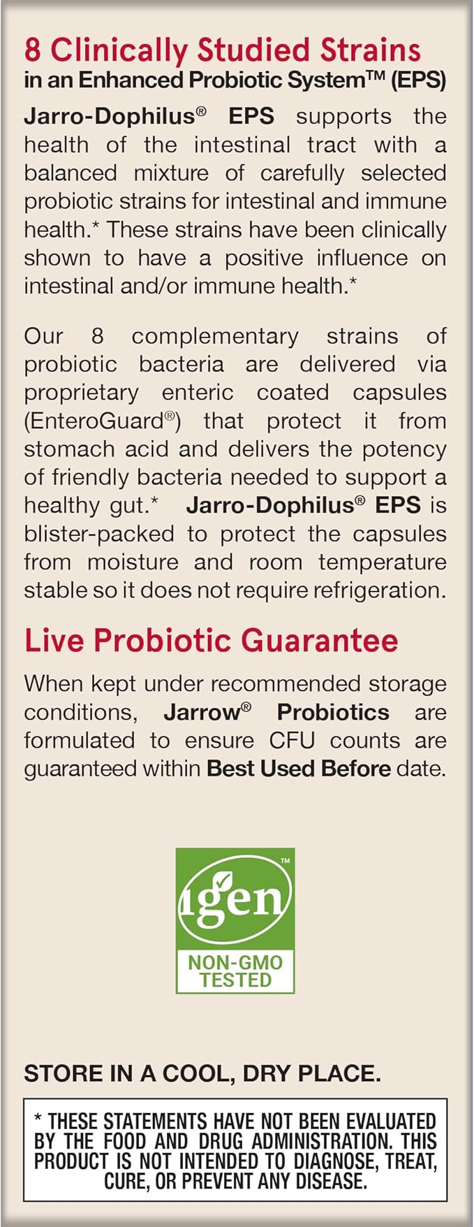 Jarrow Formulas Jarro-Dophilus EPS Probiotics 10 Billion CFU for Intestinal Tract Support, Probiotic Supplement for Gut Health for Women and Men, 60 Veggie Capsules, Up to a 30 Day Supply