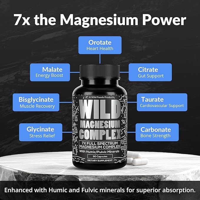 Wild Foods Magnesium Complex Supplement - 7X Forms, 90 Capsules - High Absorption Magnesium Glycinate, Bisglycinate, Malate, Orotate, Citrate - Full Spectrum Magnesium Supplement - 500mg Magnesium