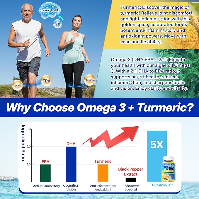 Vegan Omega-3 Gummies 1000mg + Turmeric - Omega 3 Fish Oil Alternative for Adults - Algae Omega DHA 600mg & EPA 300mg, Vitamins A, C, E, Zinc & MSM - Mobility, Immune, Eye & Brain, Sugar Free, 60 Cts