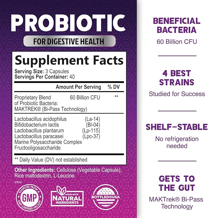 Probiotics 60 Billion CFU per Serving - 10 Strains + Prebiotics - Immune, Digestive & Gut Health Support, Supports Occasional Constipation, Gas & Bloating for Women & Men, Shelf Stable - 120 Capsules
