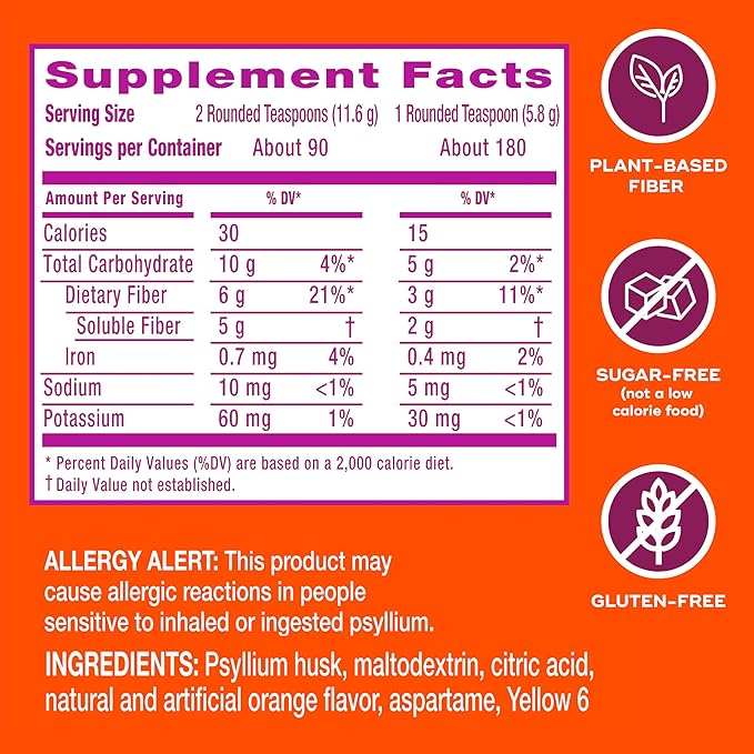 Metamucil 4 in 1 Daily Fiber Supplement Powder, Fiber Powder for Digestive Health and Regularity*, Sugar-Free, Orange, Naturally Sourced Psyllium Fiber, 180 teaspoons