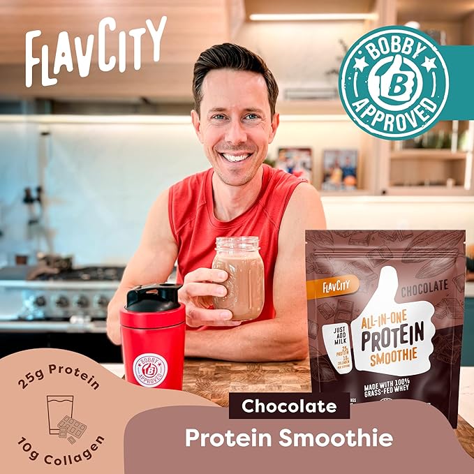 FlavCity Protein Powder Smoothie, Chocolate - 100% Grass-Fed Whey Protein Smoothie with Collagen (25g of Protein) - Gluten Free & No Added Sugars (40.42 oz)
