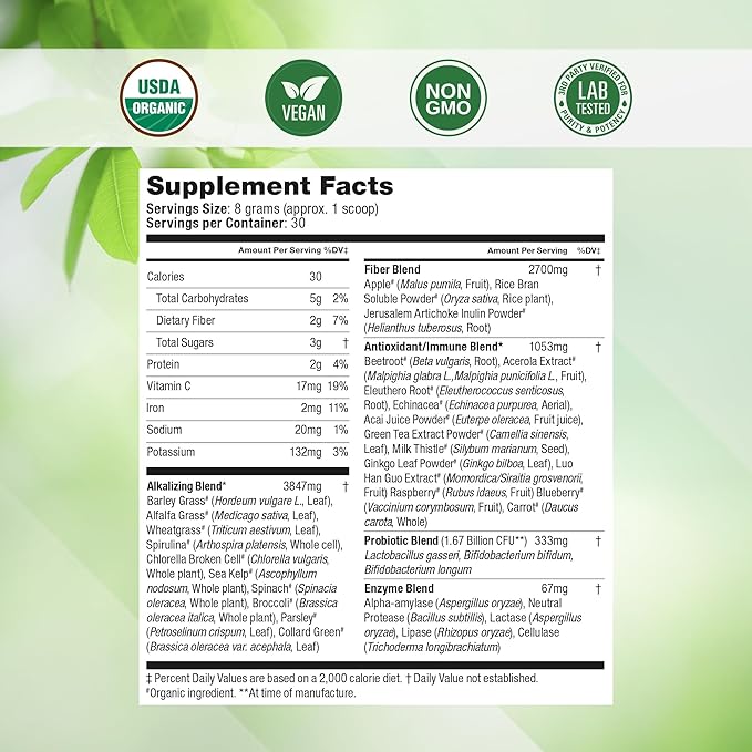 Super Greens Daily Greens Superfood Powder - Certified USDA Organic Green Powder w/20+ Whole Foods, Spirulina Powder, Wheat & Barley Grass - Probiotics, Fiber & Enzymes - Original Refill, 30 Servings