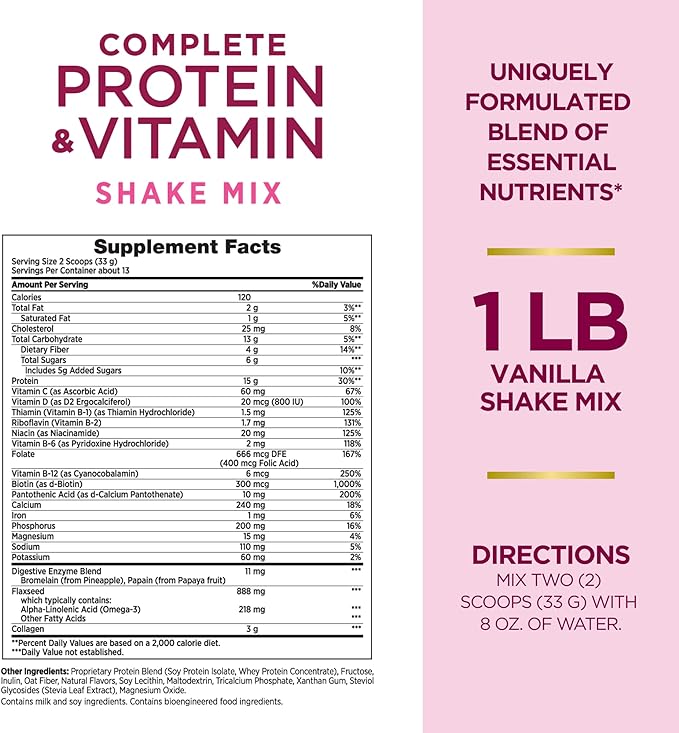Nature's Bounty Complete Protein & Vitamin Shake Mix with Collagen & Fiber, Contains Vitamin C for Immune Health, Vanilla Flavored, 16 Oz
