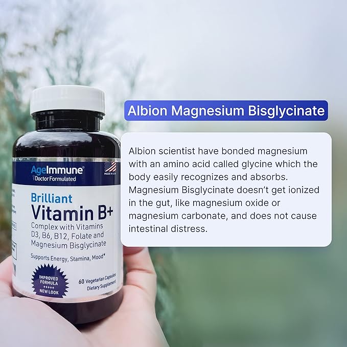Vitamin B Complex - 60 Capsules with Vitamins B6 20mg D3 1000IU Magnesium Bisglycinate 260mg Methyl B12 1000mcg and Folate as Methylfolate 600mcg DFE. Doctor Formulated MTHFR Support Supplement.