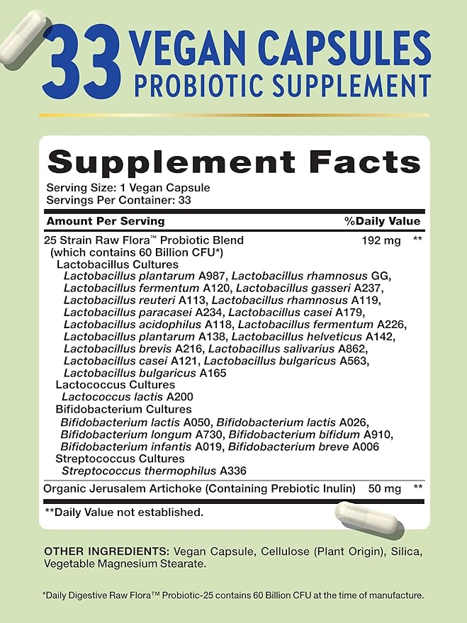 Raw Flora Probiotic with Prebiotics | 60 Billion CFU | Daily Digestive Vegan Capsules | Gluten Free Supplement for Men and Women | by Nature's Truth