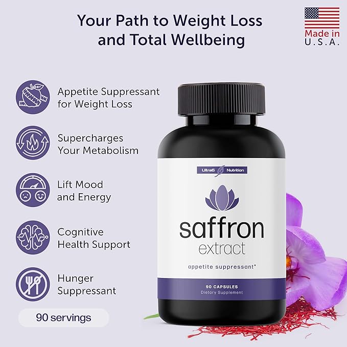 Pure Saffron Extract - Appetite Suppressant for Weight Loss Women & Men - Natural Hunger & Craving Control Supplement - Saffron Supplements for Energy & Mood Lift - 90 Capsules - Made in USA