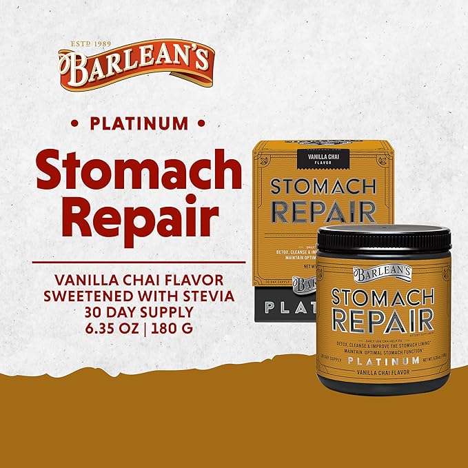 Barlean's Stomach Repair Gut Health Powder Supplement, Fiber and Digestive Support Supplements Blend for Detox and Cleanse, Vanilla Chai Drink Mix, 6.35 oz