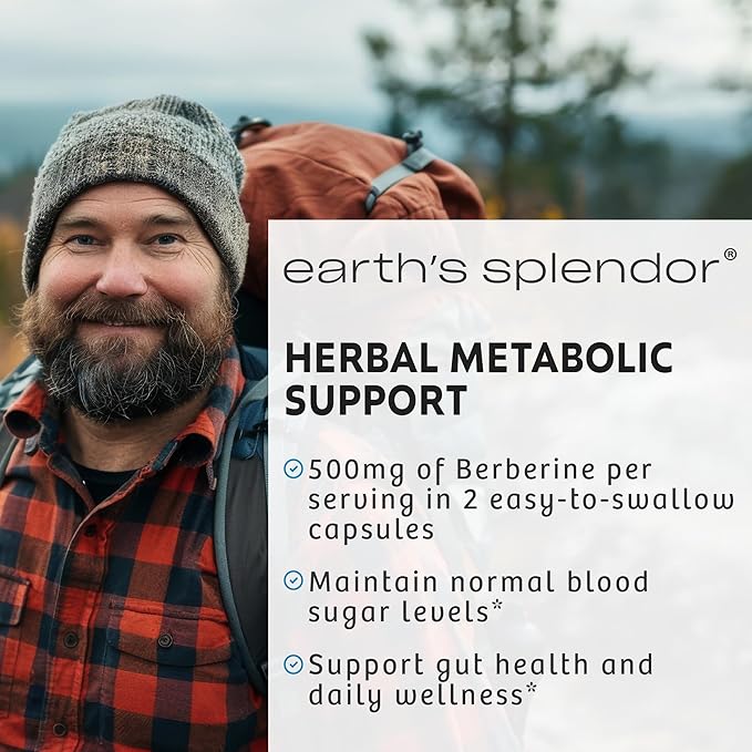 Earth's Splendor Berberine 500mg Capsules, Dietary Supplement, Supports Sugar Metabolism (120ct Bottle, 2 Month Supply) Non-GMO, Vegan-Friendly