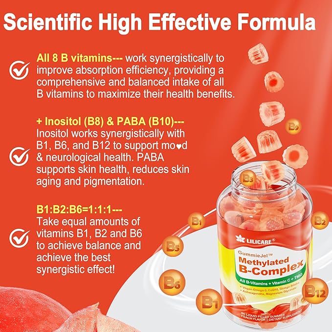 Vitamin B Complex Filled Gummies for Women & Men, Methylated B Complex w/Omega 3, Magnesium,CoQ10, Ashwagandha,Vitamin C, TMG -All B Vitamins- B1,B2,B3,B5,B6,B7,B9 Folate,B12,Inositol,PABA, Sugar Free