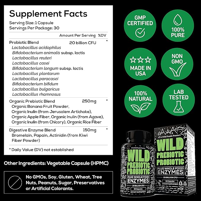 Wild Prebiotics and Probiotics with Digestive Enzymes | 20 Billion CFU - 10 Strains for Women & Men | Support Gut Health & Digestion Supplements | Non-GMO Prebiotic Fiber | 30 Capsules