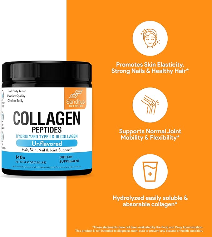 Sandhu's Collagen Peptides Powder|4.9 oz Unflavored| Grass-Fed Hydrolyzed Bovine Collagen |Made in USA| Supports Youthful Skin, Hair, Nails, Mobility, Flexibility, Joint & Bone Health