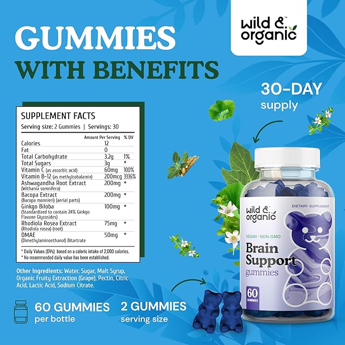 Wild & Organic Brain Support Gummies - Focus Supplement w/Ashwagandha Root, Vitamin B12, Ginkgo Biloba, Bacopa - Vegan Chews for Clarity & Productivity - 60 Brain Gummies