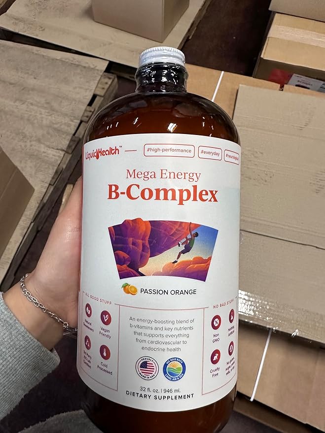 LIQUIDHEALTH Mega Energy Methylated B-Complex, Adult Liquid Vitamin Supplement - Increase Energy, Relieve Stress & Fatigue, Immune System Support, Heart & Gut Health - Vegan, Sugar-Free (32 oz)